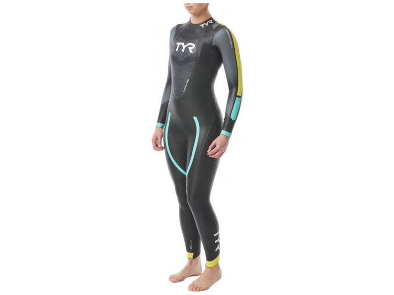 Гідрокостюм жіночий TYR Womens Hurricane Wetsuit Cat 2, Black/Yellow/Turquoise (766), S (HCATF6A-766-S) 3298776 фото