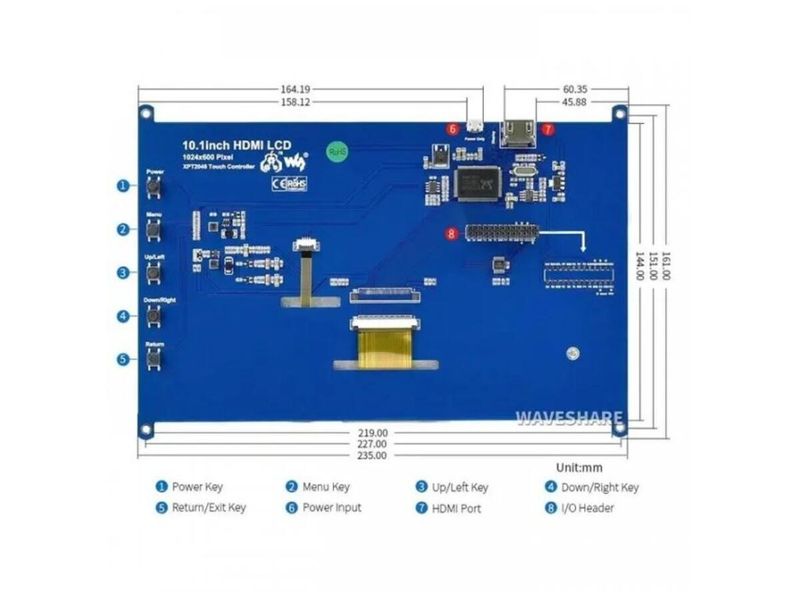 Екран Waveshare 10.1 1024x600 LCD IPS Resistive TS HDMI для PI 3/PI 4/ (WAV-11870) 3528375 фото