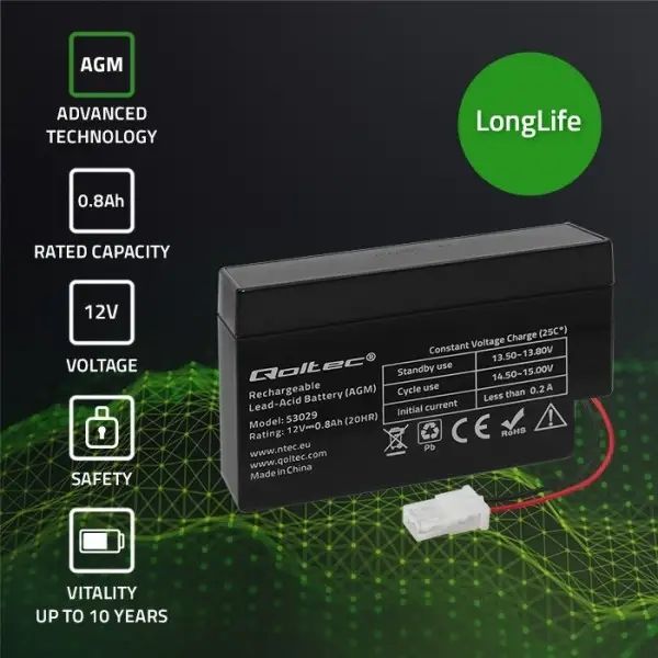 Акумулятор необслуговуваний LongLife AGM Qoltec 12V 0.8А/год LT-53029 фото