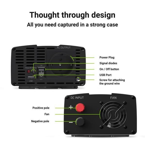 Перетворювач (інвертор) DC-AC Green Cell INV09 12/230В 1000/2000W 461140 фото