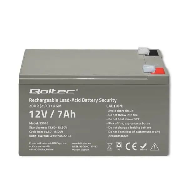 Акумулятор необслуговуваний LongLife AGM Qoltec 12V 7А/год LT-53076 фото