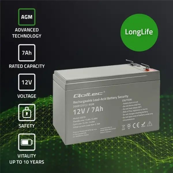 Акумулятор необслуговуваний LongLife AGM Qoltec 12V 7А/год LT-53076 фото