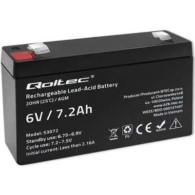 Акумулятор необслуговуваний LongLife AGM Qoltec 6V 7.2А/год LT-53072 фото