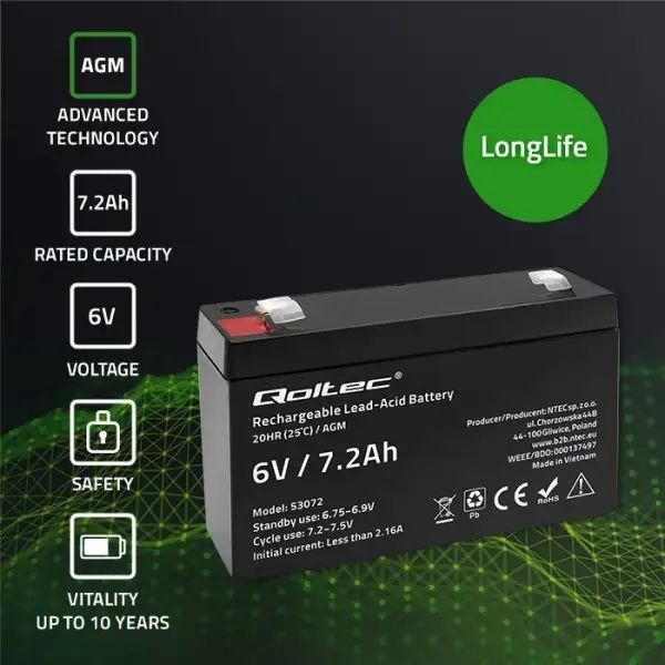 Акумулятор необслуговуваний LongLife AGM Qoltec 6V 7.2А/год LT-53072 фото