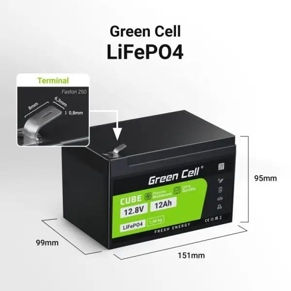 Акумулятор LiFePO4 Green Cell 12.8В 12А/год, 153.6Вт/год (CAV08) CAV08 фото